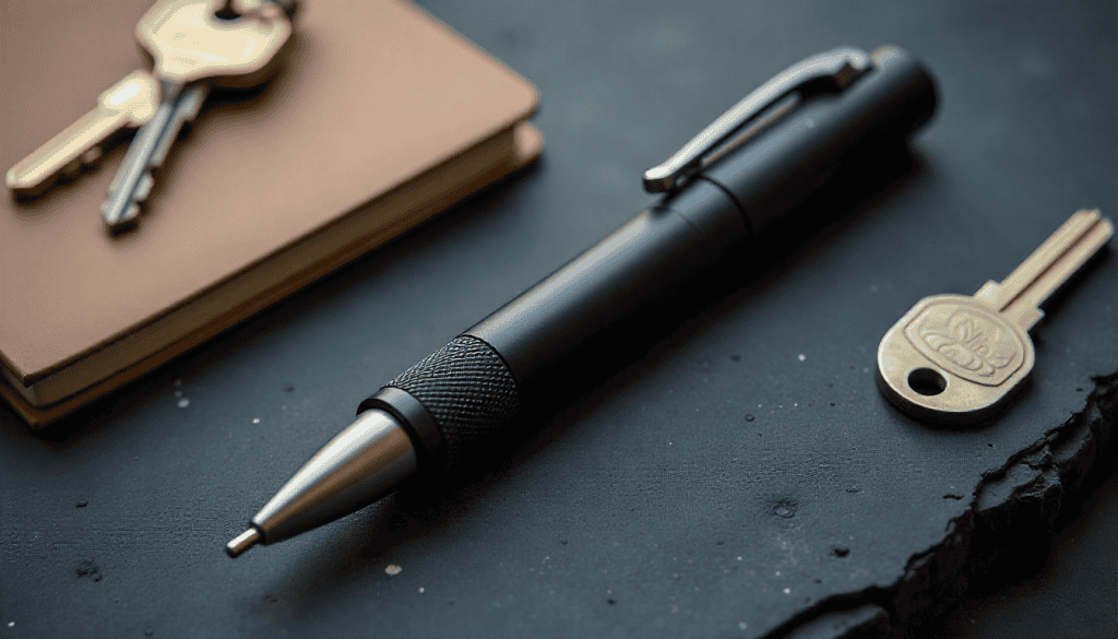 close-up digital illustration of a tactical pen placed diagonally on a dark textured surface