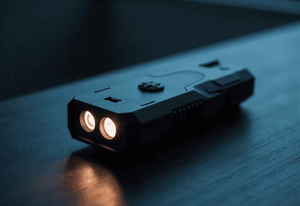 modern stun gun placed on a matte black surface