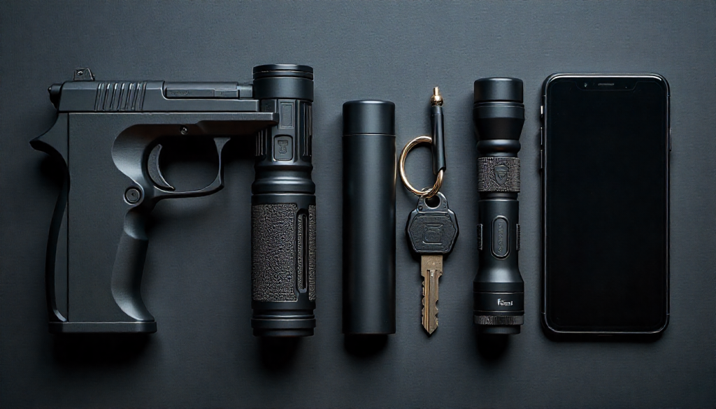 high-resolution flat-lay of modern non-lethal Safe Defense Gadgets for Everyday Use arranged neatly on a dark matte surface | My Self Defense high-resolution flat-lay of modern non-lethal Safe Defense Gadgets for Everyday Use arranged neatly on a dark matte surface
