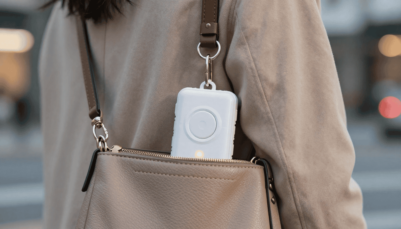 compact personal alarm attached to a keychain and peeking out of a woman’s purse