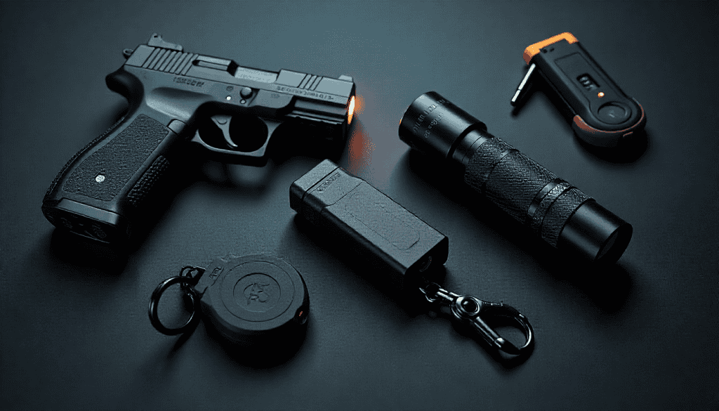 modern flat-lay of non-lethal self-defense gadgets
