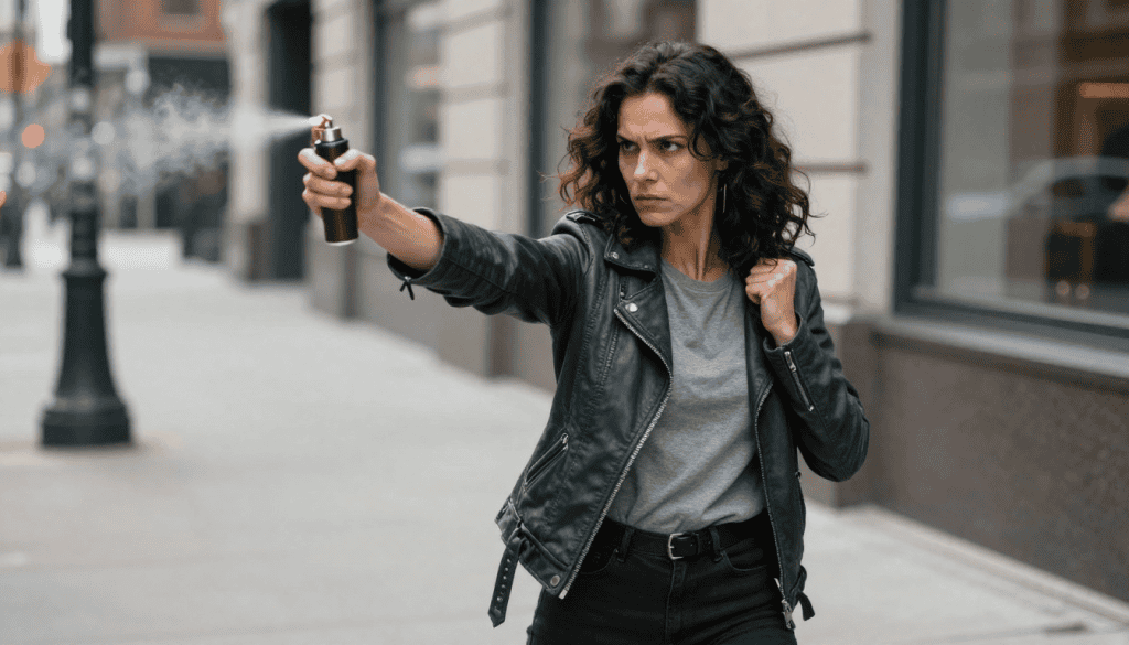 woman on a city sidewalk holding pepper spray in a defensive stance
