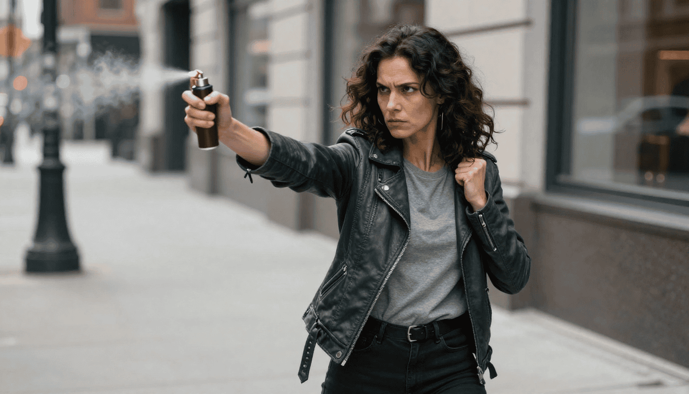 woman on a city sidewalk holding pepper spray in a defensive stance